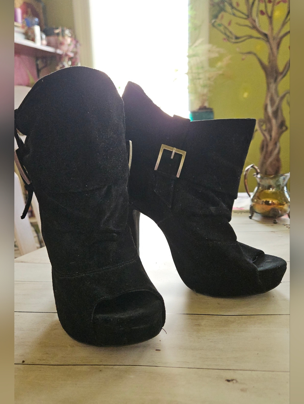 Black Suede Peep-Toe Ankle Booties with Buckle -Jessica Simpson